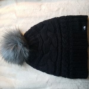 NORTH FACE Black Beanie w/ Gray Faux Fur Pompom
